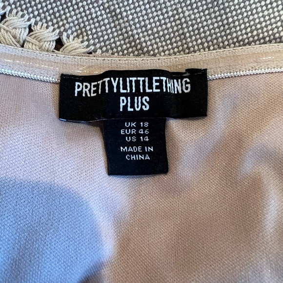 PrettyLittleThing Plus Elegant Tan Ruched dress size 14, off the shoulder, EUC - Picture 8 of 8